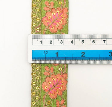 Green Trim with Floral Embroidery Peach Embroidered Leaves Trim, Decorative Trim, Indian Border